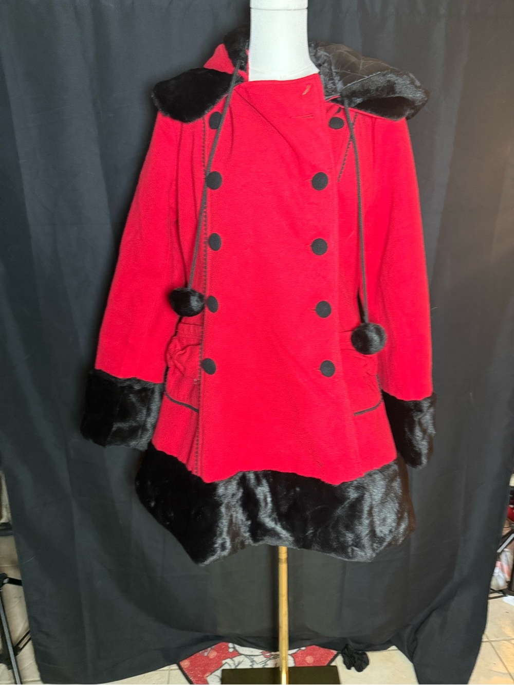 Hell Bunny Red Pea Coat with Black Faux Fur Trim
